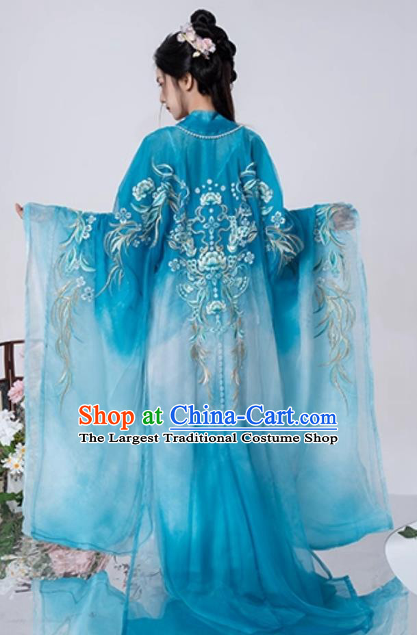 Tang Dynasty Hezi Qun Wide Sleeve Cloak Ancient Fairy Embroidery Blue Dress Traditional Chinese Women Hanfu