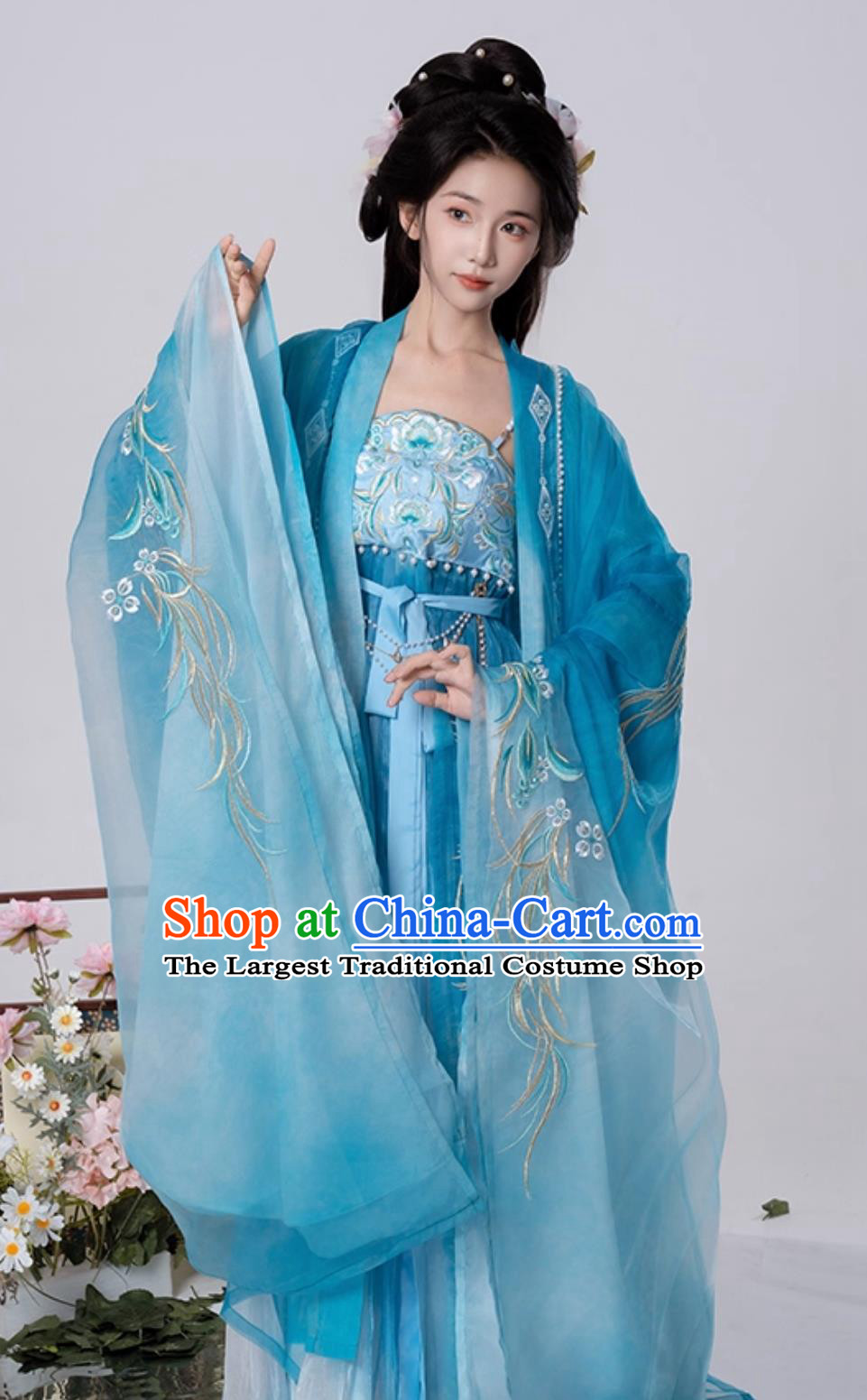 Tang Dynasty Hezi Qun Wide Sleeve Cloak Ancient Fairy Embroidery Blue Dress Traditional Chinese Women Hanfu