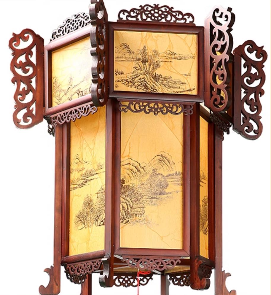 Hand Carved Hexagonal Palace Lantern Chinese Antique Wood Palace Lantern Zen Landscape Pendant Light