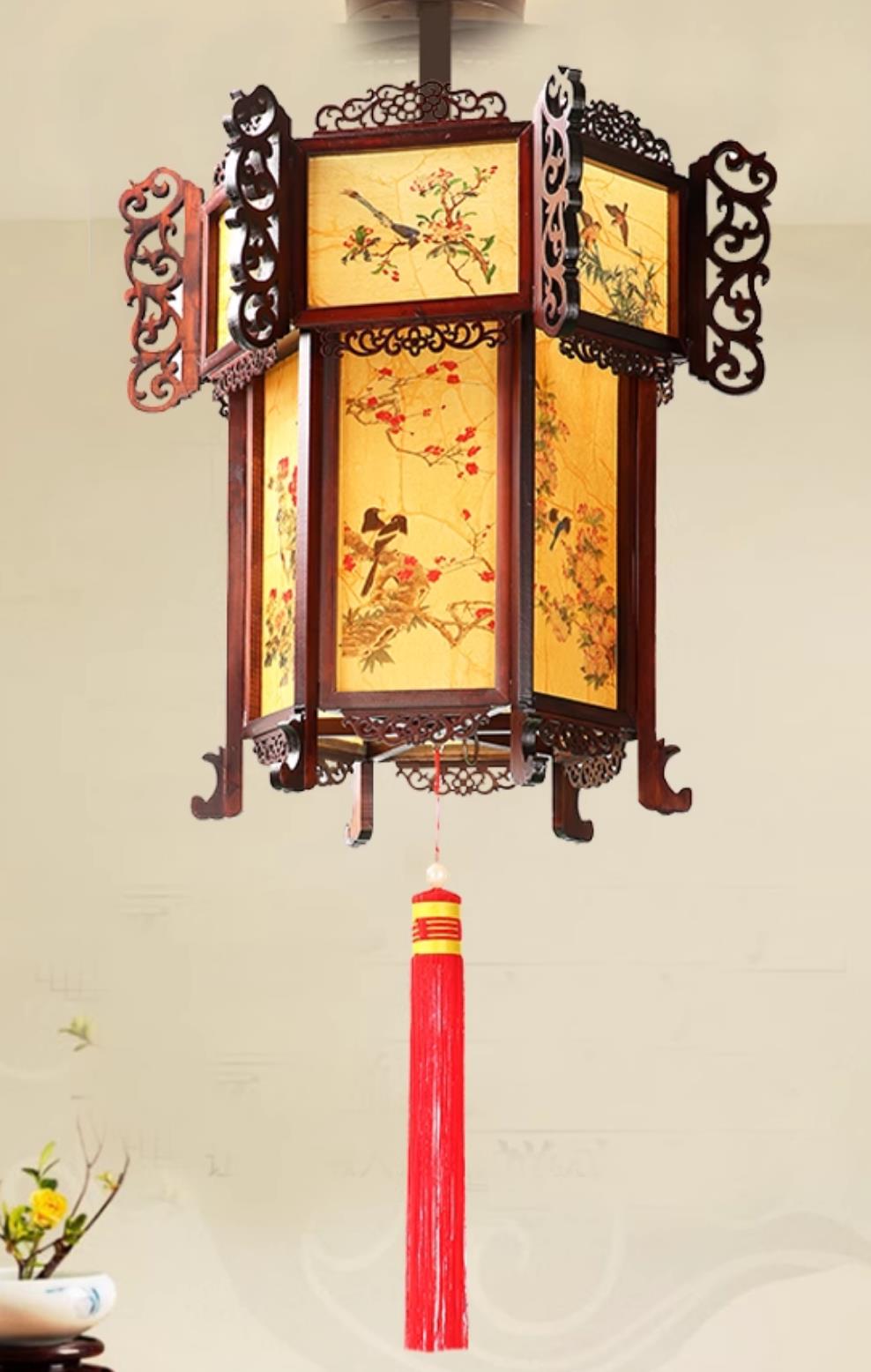 Painted Bird Flower Pendant Light Carved Hexagonal Palace Lantern Chinese Antique Wood Palace Lantern