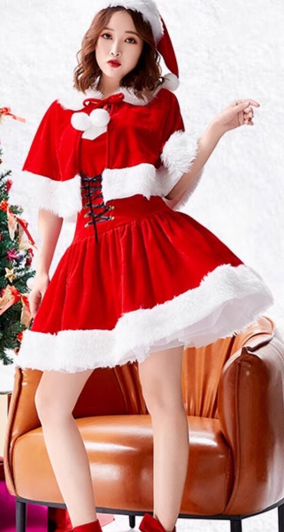 Cosplay Elf Costume Christmas Court Queen Red Short Dress with Cape Theme Party Clothing