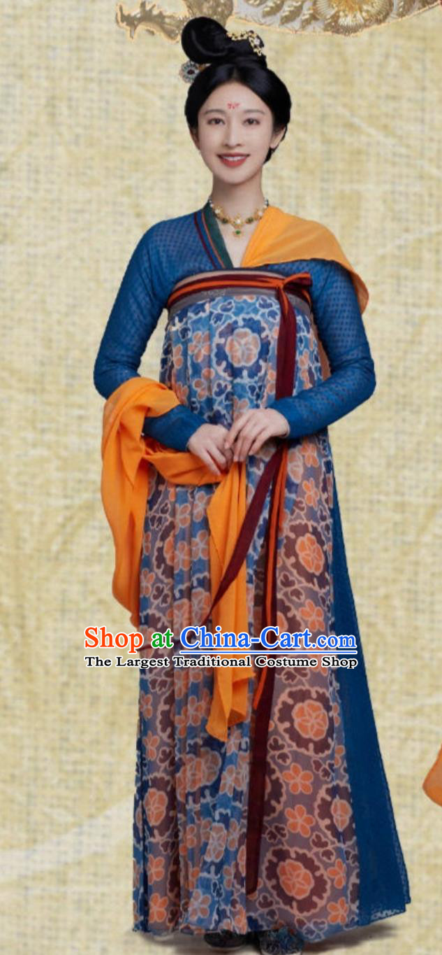 Chinese Tang Dynasty Woman Clothing Drama Wind Rises in Luoyang Female Shopkeeper Yao Niang Blue Hanfu Dress