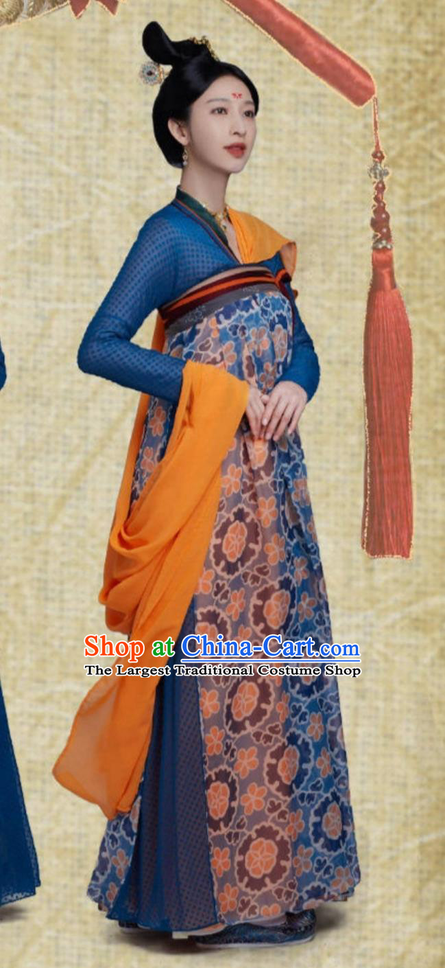 Chinese Tang Dynasty Woman Clothing Drama Wind Rises in Luoyang Female Shopkeeper Yao Niang Blue Hanfu Dress