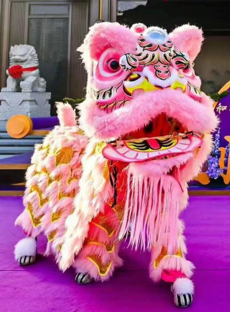 Chinese Lion Dance Costume Handmade Pink Wool Lion Head and Clothing Complete Set