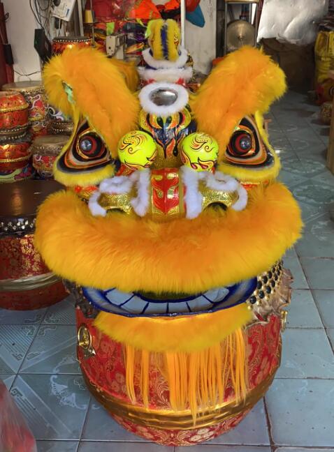 Handmade Yellow Wool Hok San Lion Head and Clothing Chinese Lion Dance Costume Complete Set