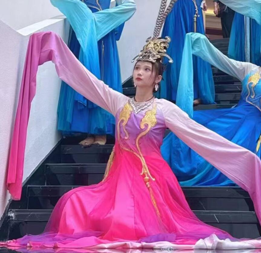 Water Sleeve Dance Costume Women Han Tang Dance Long Sleeve Pink Dress Chinese Classical Performance Clothing