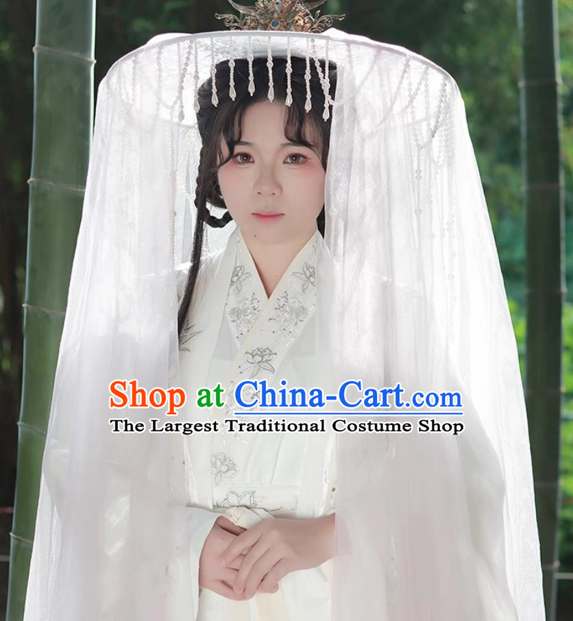 Ancient Chinese Style White Veil Hat Handmade Hanfu Tassel Wei Cap Traditional Bamboo Hat