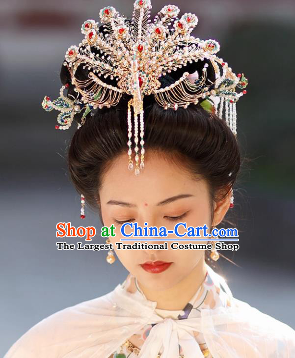 Golden Phoenix Coronet Twelve Tail Phoenix Crown Chinese Wedding Hairpin Pearl Phoenix Hanfu Hair Ornament