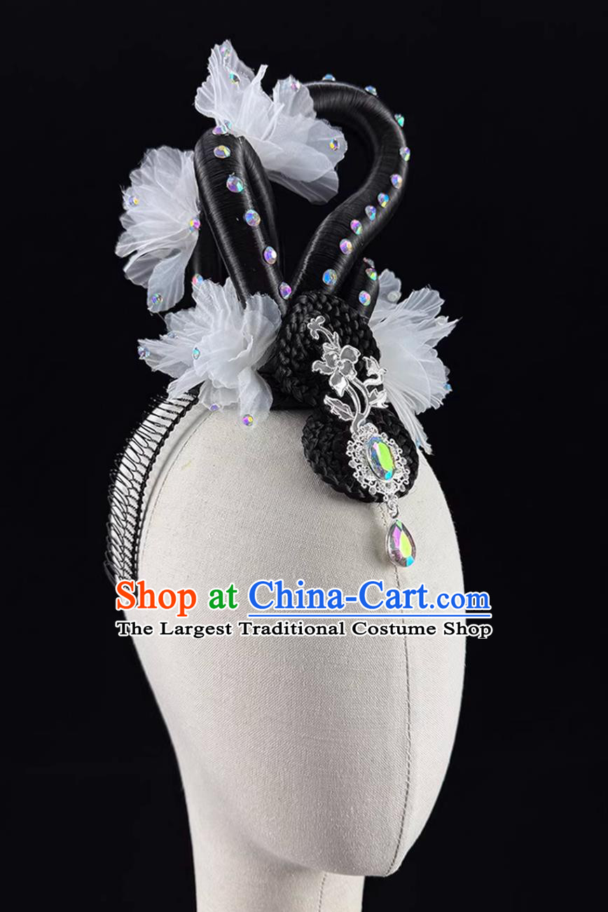Classical Dance White Flower Headpiece Zui Jing Bo Han Tang Beauty Wig Chinese Dance Performance Headdress