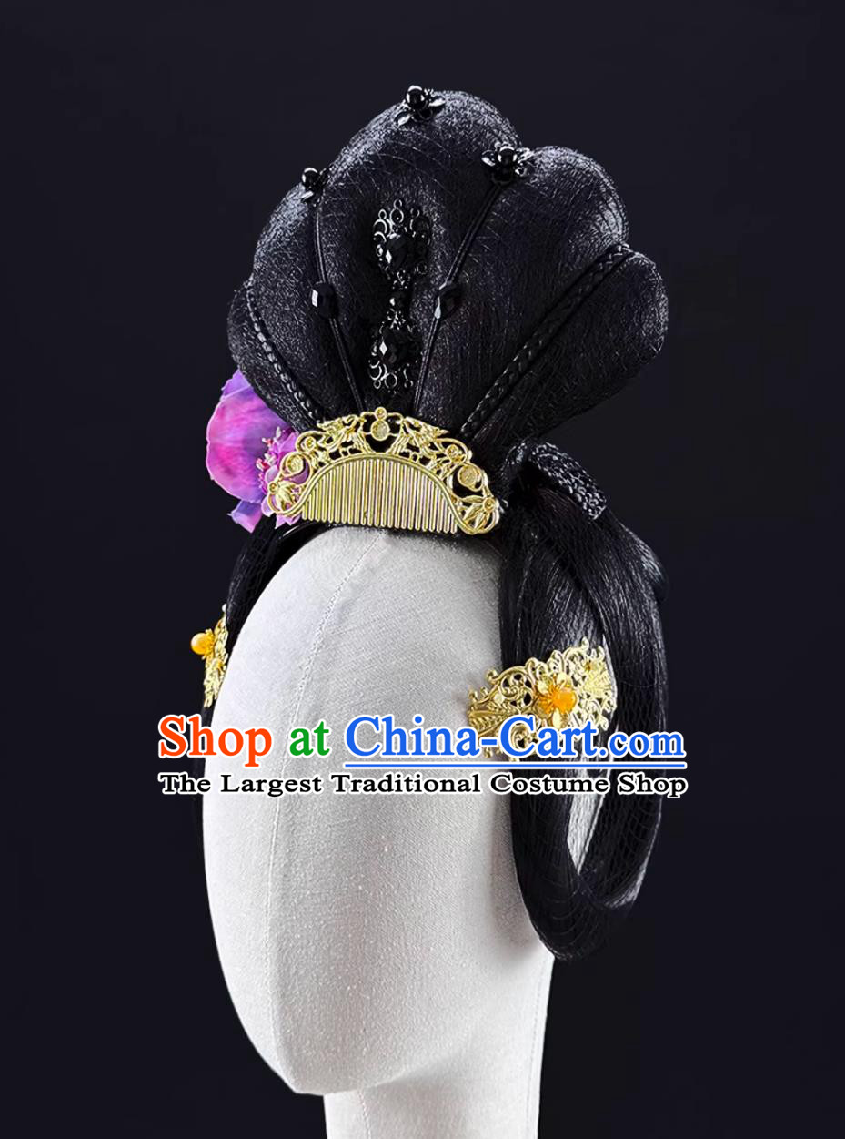 Chang An Noblewoman Dance Headdress Classical Dance Han Tang Headwear Chinese Stage Performance Runway Wig Chignon