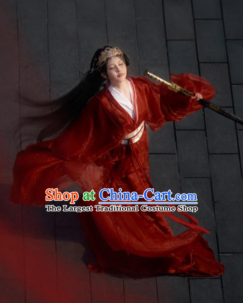 Red Hanfu Ancient Chinese Costume Traditional Women Clothing Wide Sleeve Zhi Ju Warring States Robe