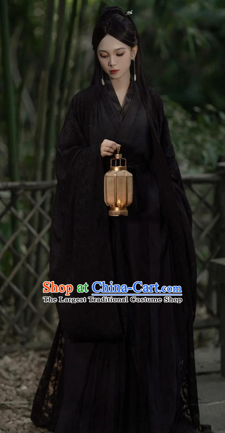 Black Hanfu Chinese Wei Jin Costume Ancient Swordswoman Clothing Wide Sleeves Dress