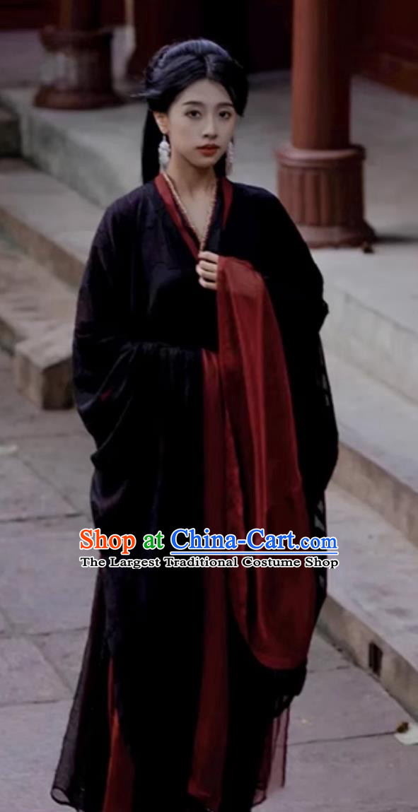 Ancient Chinese Women Costumes Traditional Hanfu Black and Red Wide Sleeve Robes