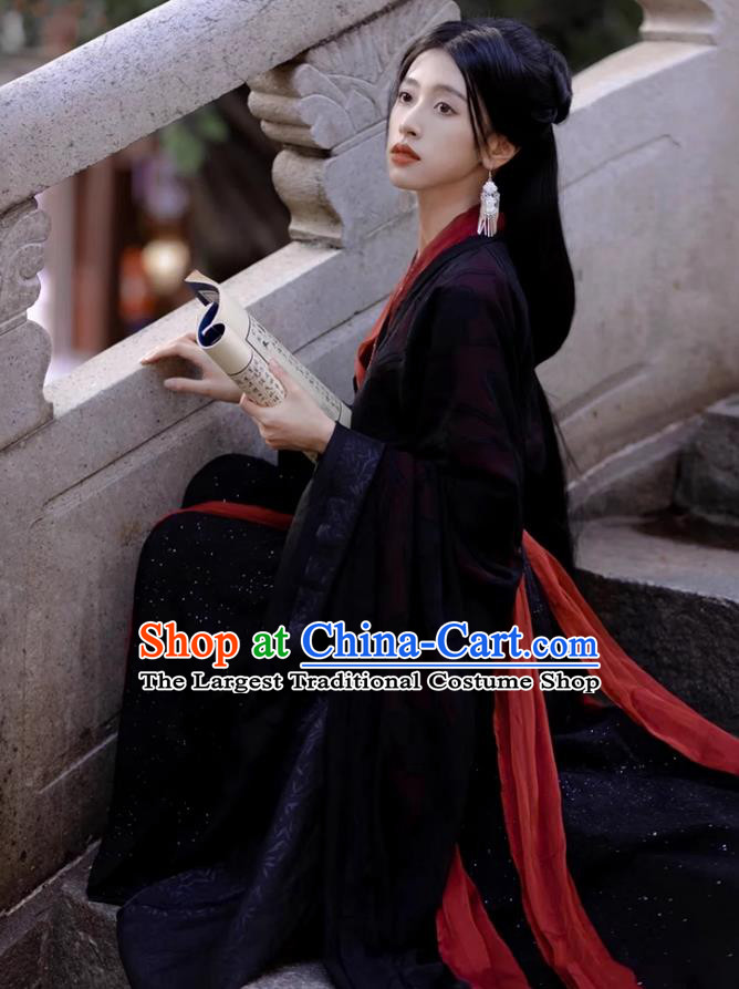 Ancient Chinese Women Costumes Traditional Hanfu Black and Red Wide Sleeve Robes