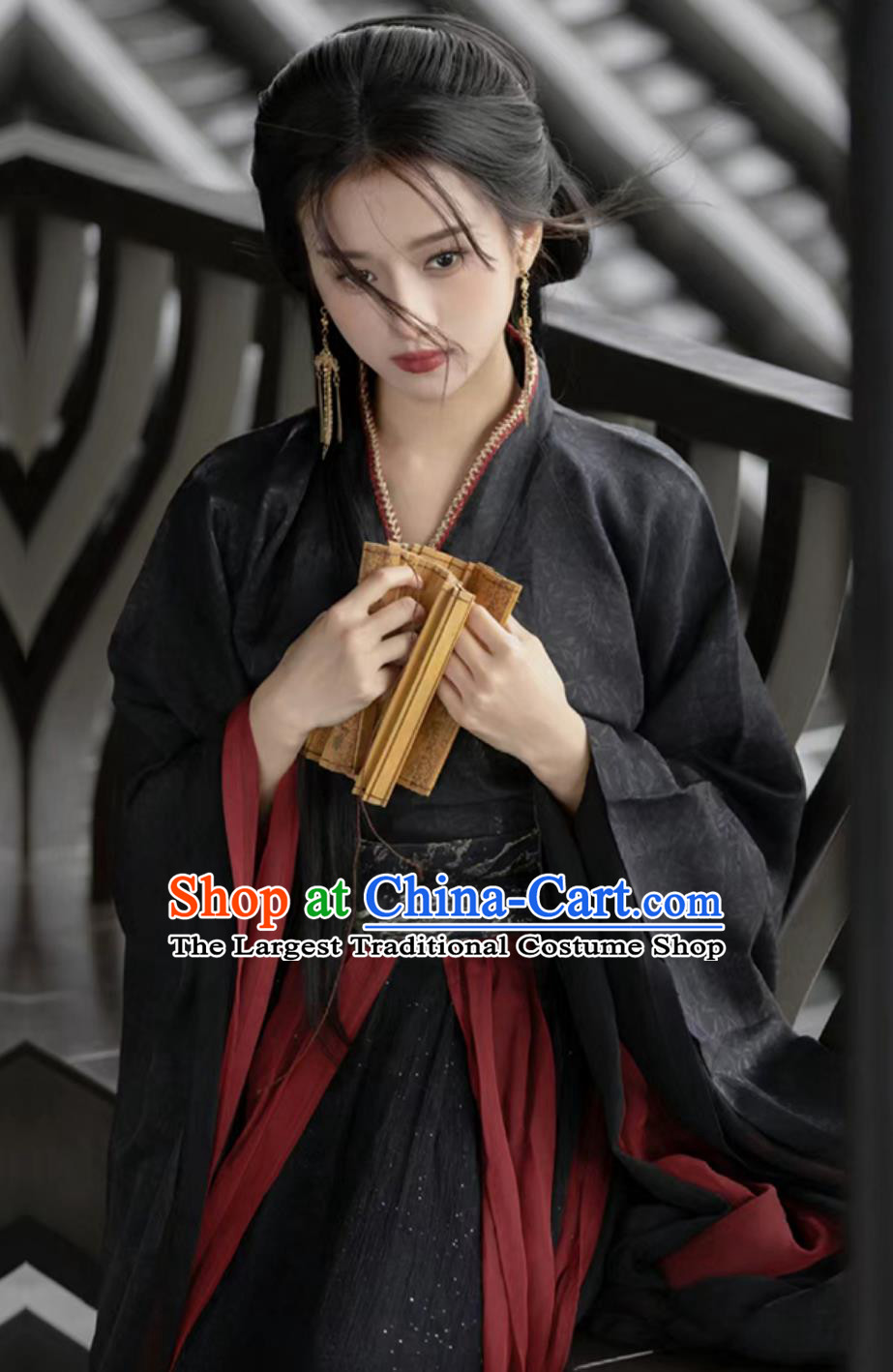Traditional Wei Jin Dynasty Hanfu Ancient Chinese Swordswoman Costumes Black Wide Sleeve Shirt and Red Skirt Complete Set