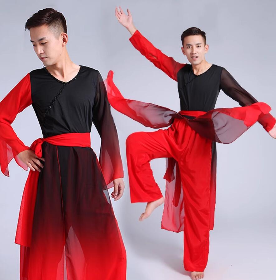 Red and Black Traditional Chinese Classical Yangge Dance Costume Folk Fan Dance Uniform Drum Dance Clothing for Men