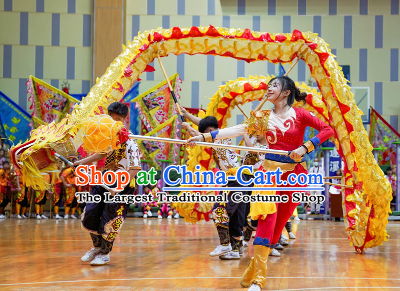 Chinese Festival Dragon Dance Props Golden Competition Dragon Dance Costume Set Handmade Dancing Dragon Head and Light Veil Clothing