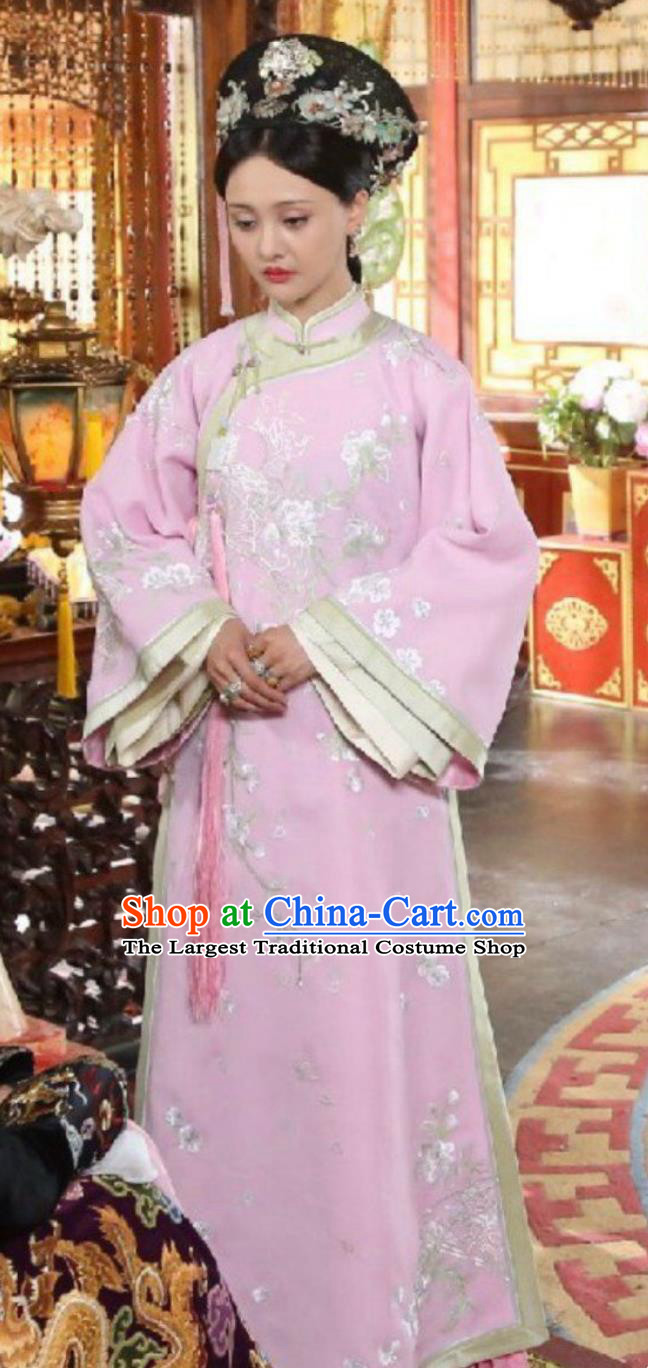 Manchu Gege Attire Ancient Qing Dynasty Court Women Costume Traditional Chinese Pink Embroidery Qipao Dress