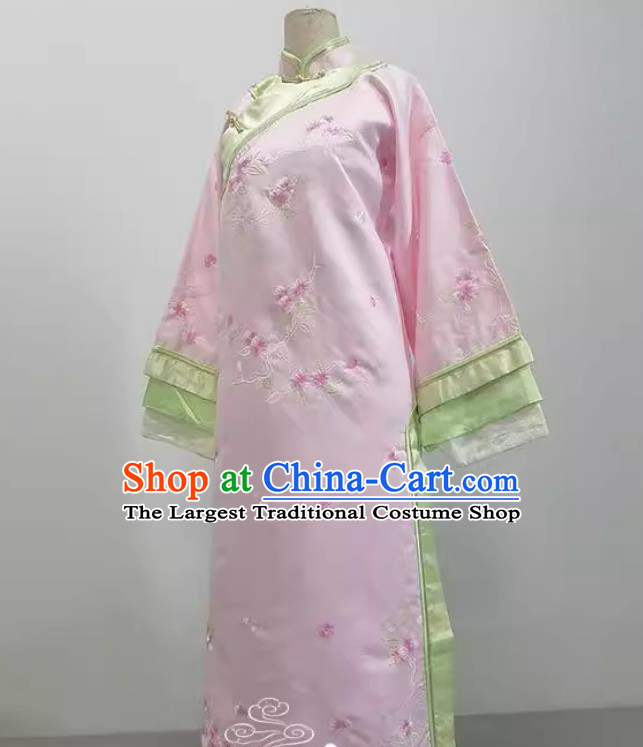 Manchu Gege Attire Ancient Qing Dynasty Court Women Costume Traditional Chinese Pink Embroidery Qipao Dress