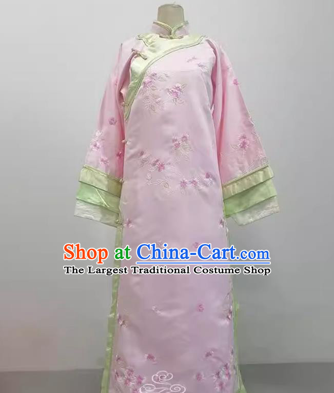 Manchu Gege Attire Ancient Qing Dynasty Court Women Costume Traditional Chinese Pink Embroidery Qipao Dress