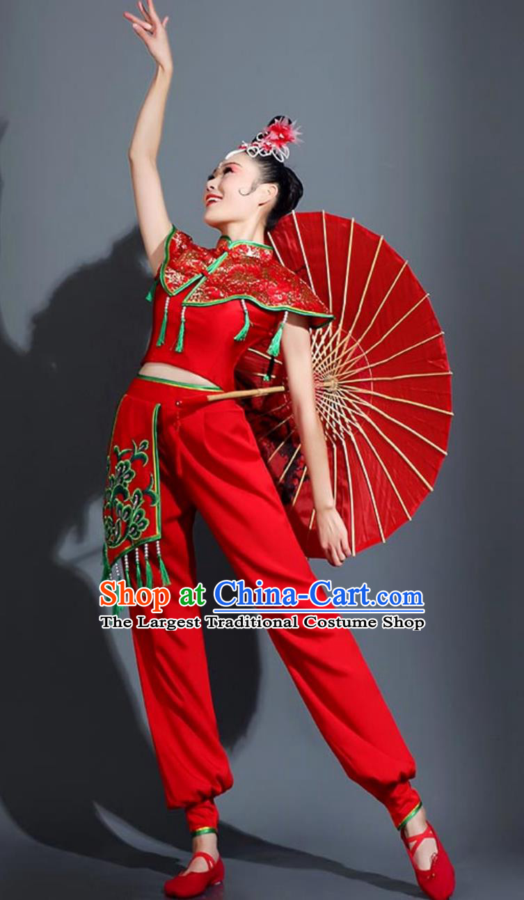 Yangko Performance Costume Women Chinese Festive Waist Drum Clothing Folk Dance Umbrella Dance Red Outfit