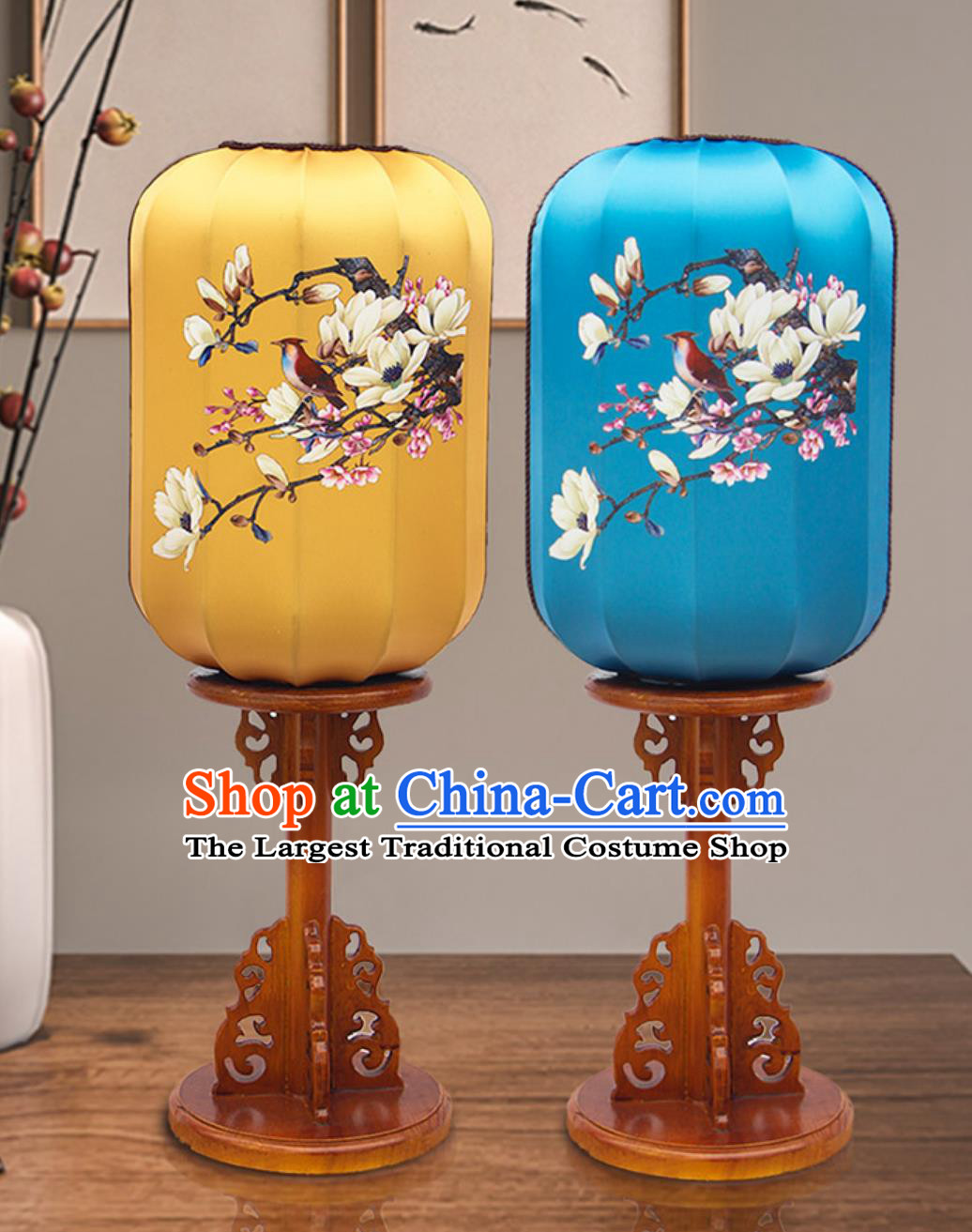 Handmade Chinese Table Lantern Hand Painted Mangnolia Lantern Traditional Desk Lamp