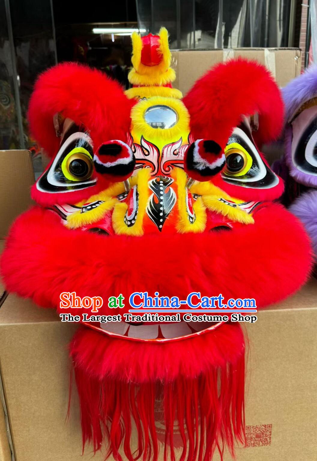 Traditional Chinese Lion Dance Costume Red Wool Hok San Lion Equipment Handmade Dancing Lion Head