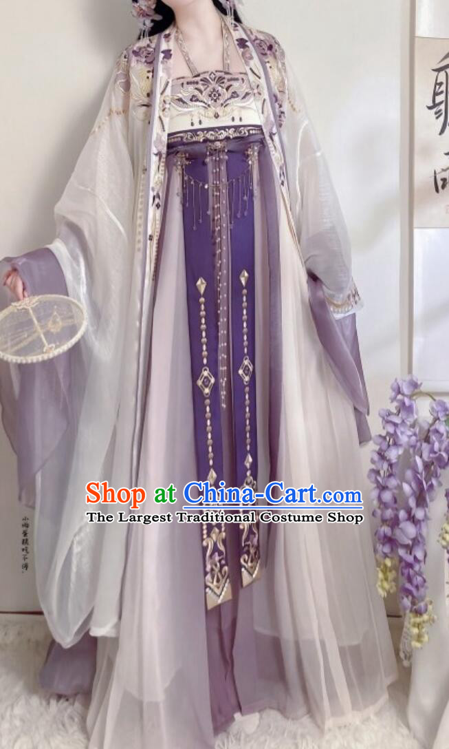 Tang Dynasty Hanfu Hezi Qun Embroidery Large Sleeve Gown Ancient Chinese Princess Fairy Purple Costumes Complete Set