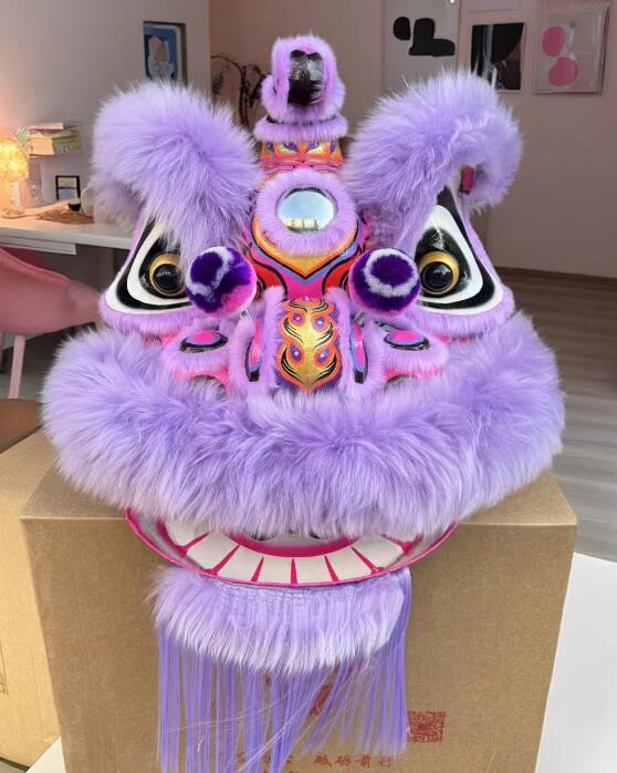 Handmade Hok San Lion Dance Head Traditional Dancing Lion Clothing Purple Wool Lion Dance Costume Full Set