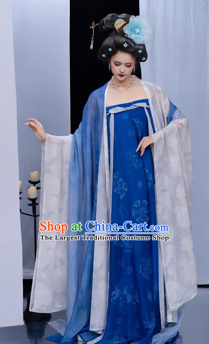 Ancient Chinese Royal Princess Costumes Traditional Blue Hanfu Dress Tang Dynasty Slim Ruqun Large Sleeve Gown Complete Set