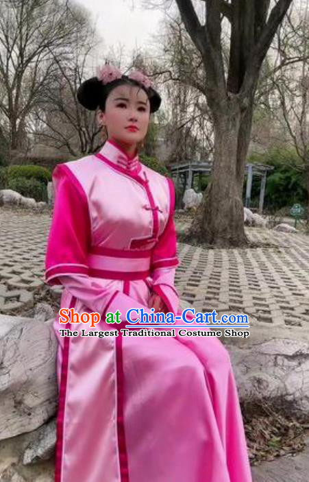 Traditional China Manchu Clothing Ancient Qing Dynasty Empress Pink Dress Chinese 2002 TV Series Xiao Zhuang Mi Shi Da Yuer Costume