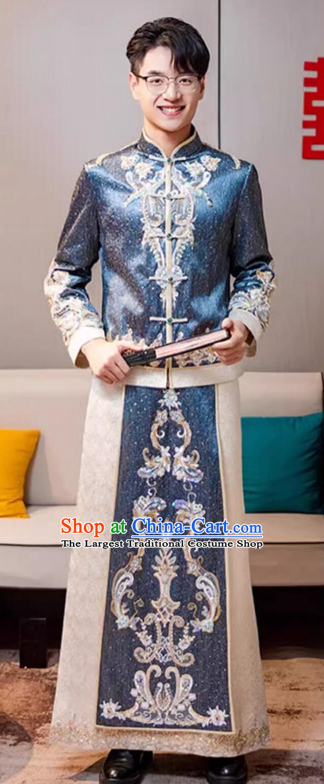 Traditional Chinese Wedding Dress Bridegroom Garment Embroidered Blue Mandarin Jacket and Robe