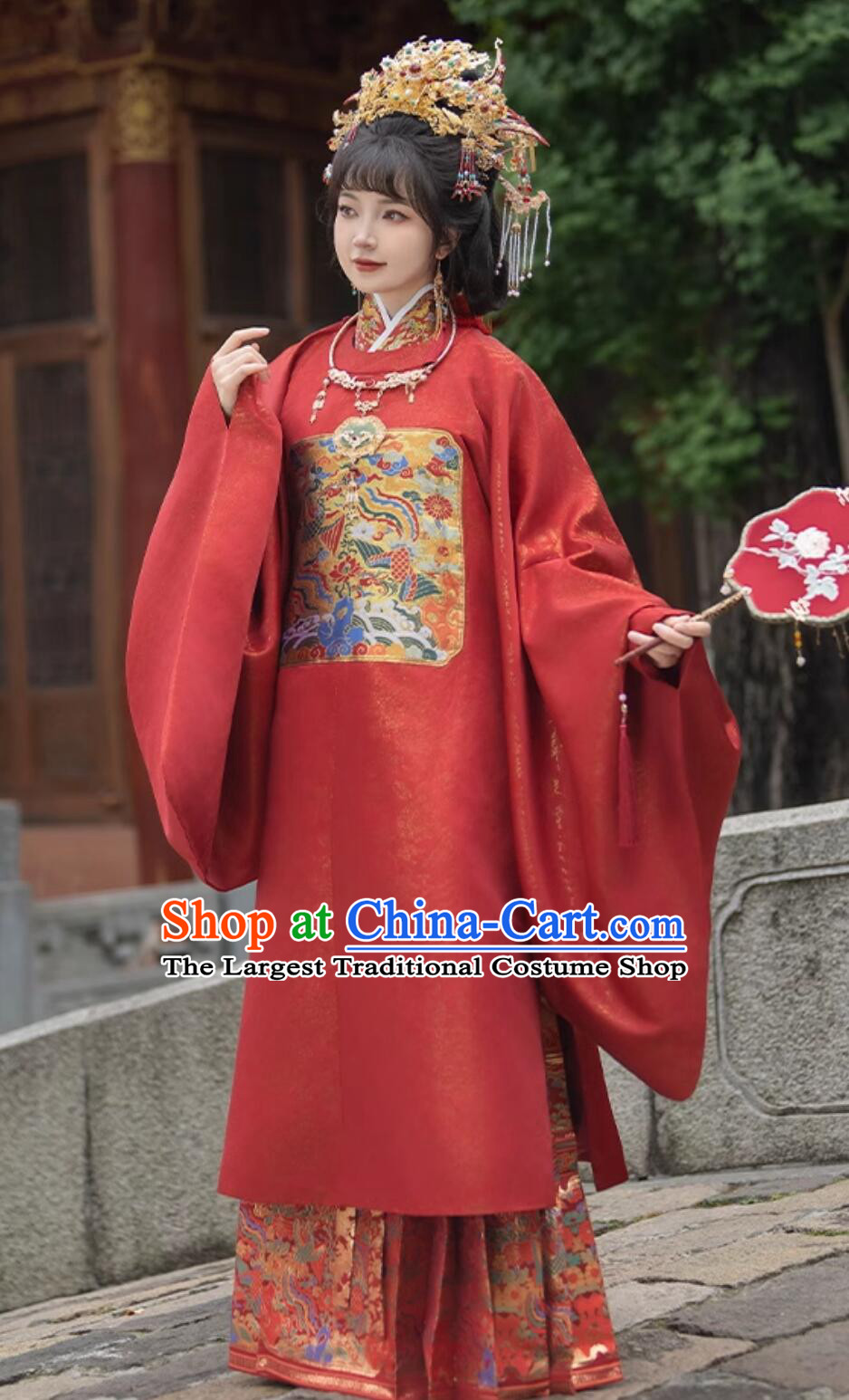Chinese Traditional Wedding Clothing Red Hanfu Dress Ming Dynasty Bufu Shirt and Mamian Qun Complete Set