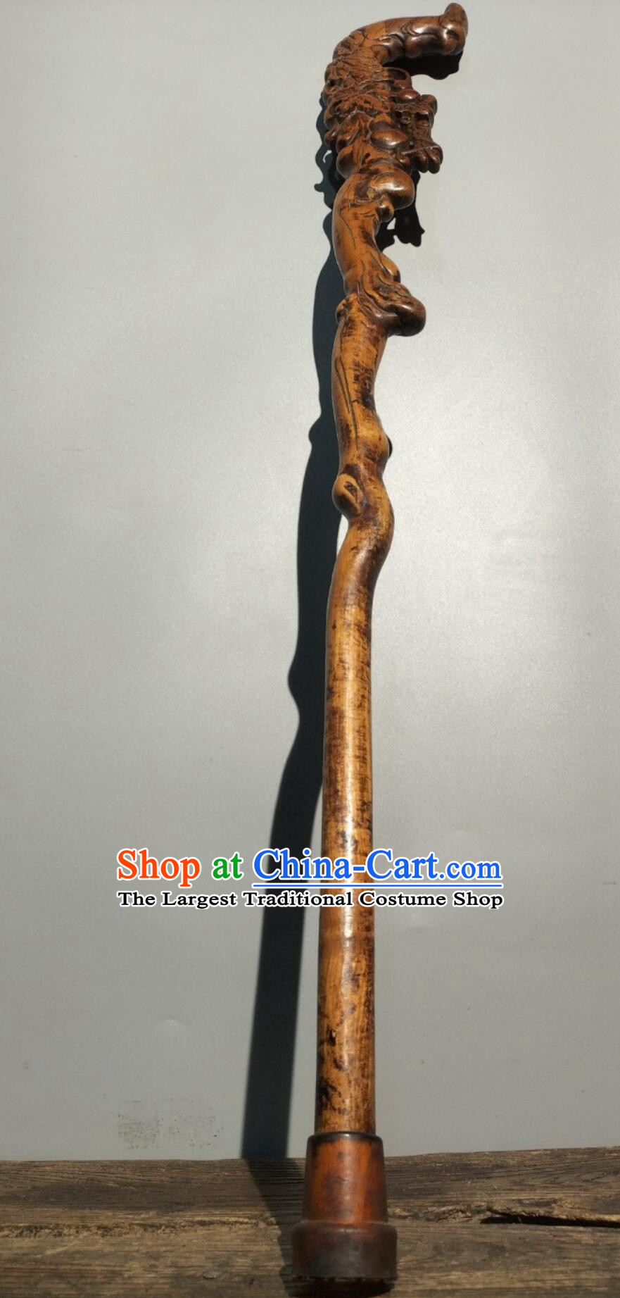 Chinese Hand Carved Dragon Cane Peach Wood Crutch