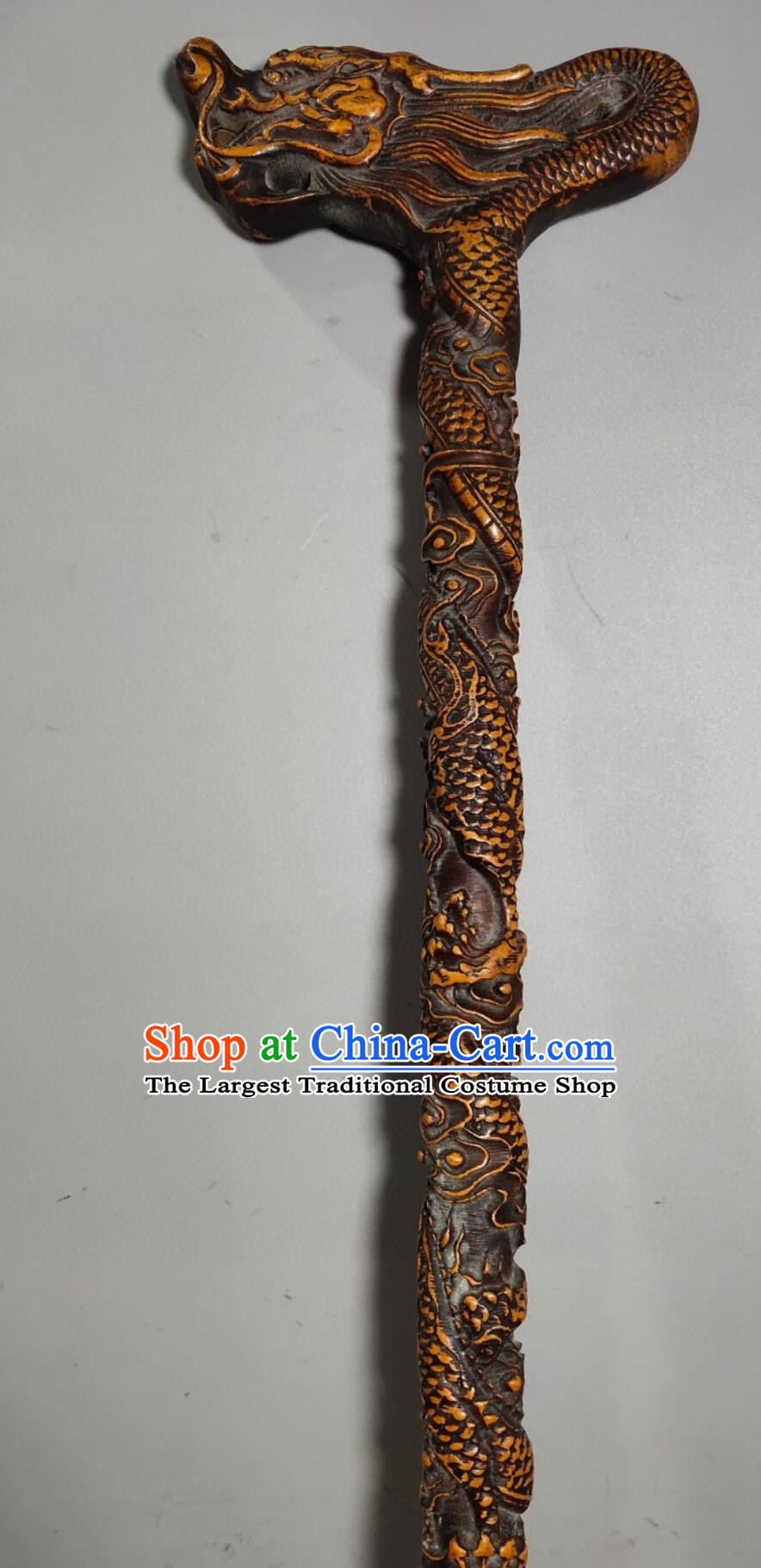 Chinese Hand Carved Cloud Dragon Cane Peach Wood Crutch