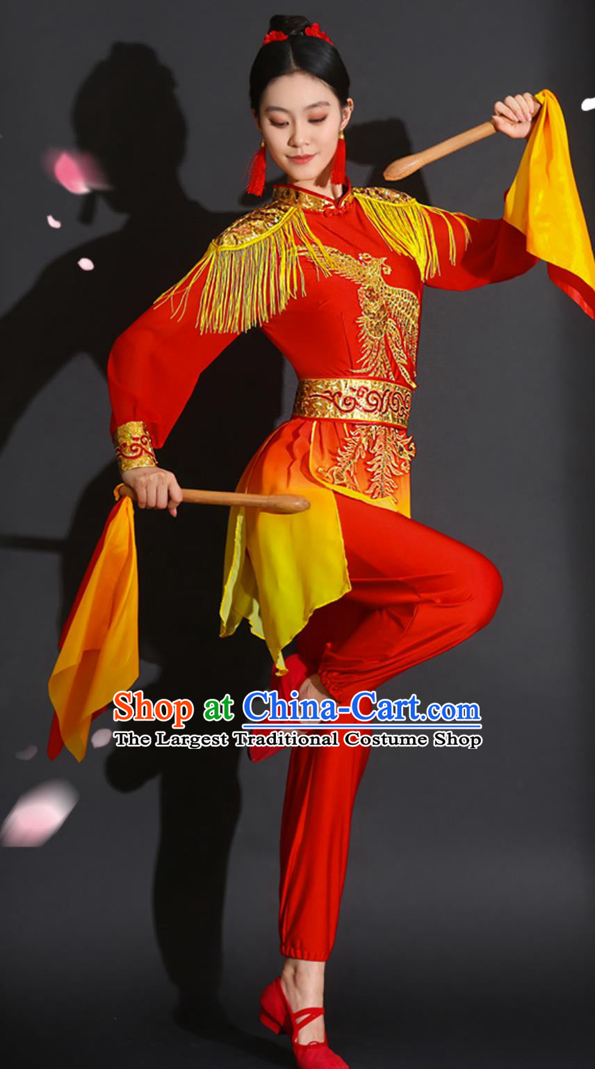 Chinese Drum Performance Red Outfit Majestic Percussion Team Festive Costume