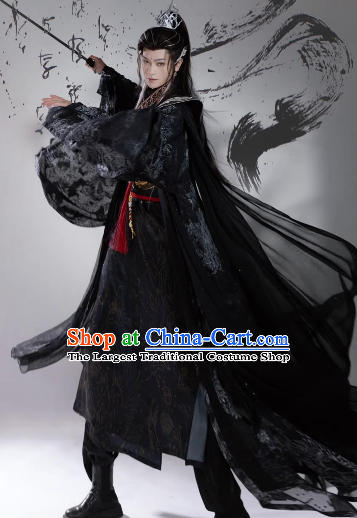 Chinese Ancient Dark Black Hanfu Cross Traditional Clothing Collar Taoist Robe and Cloak Complete Set
