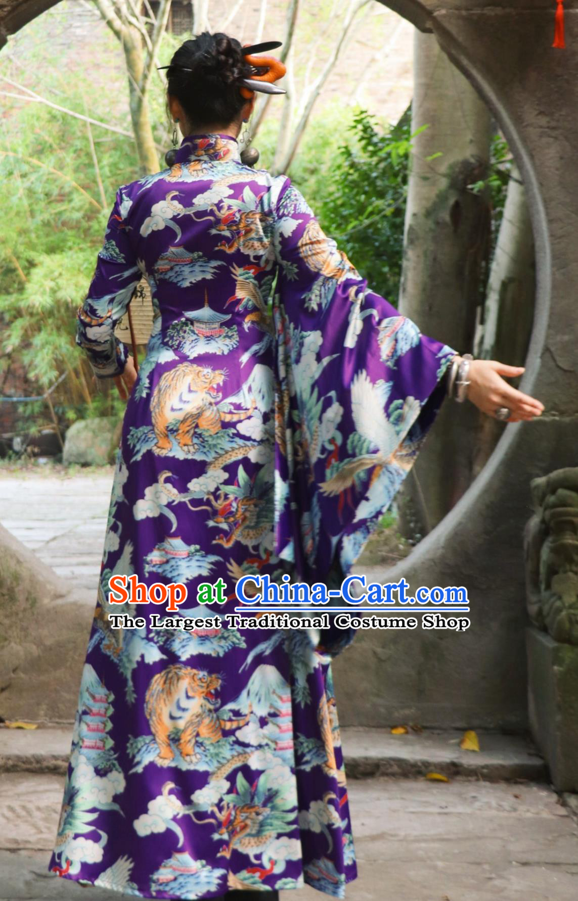 Chinese Style Modified Runway Cheongsam Purple Dragon Tiger Eagle Chiffon Dress Asymmetric Sleeve Stand Collar Qipao