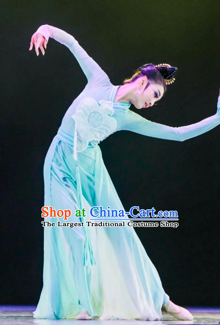 Classical Dance Heavenly Palace Silhouette Costume Han Tang Dance Green Dress Chinese Umbrella Fan Performance Outfit