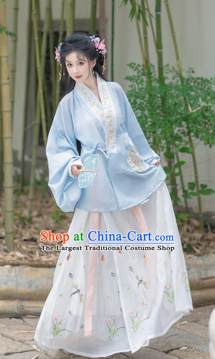 Chinese Ming Dynasty Hanfu Women Spring Summer Blue Blouse and Horse Face Skirt Complete Set