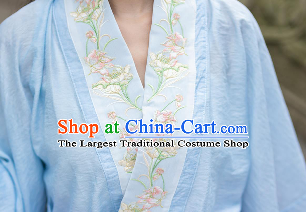 Chinese Ming Dynasty Hanfu Women Spring Summer Blue Blouse and Horse Face Skirt Complete Set
