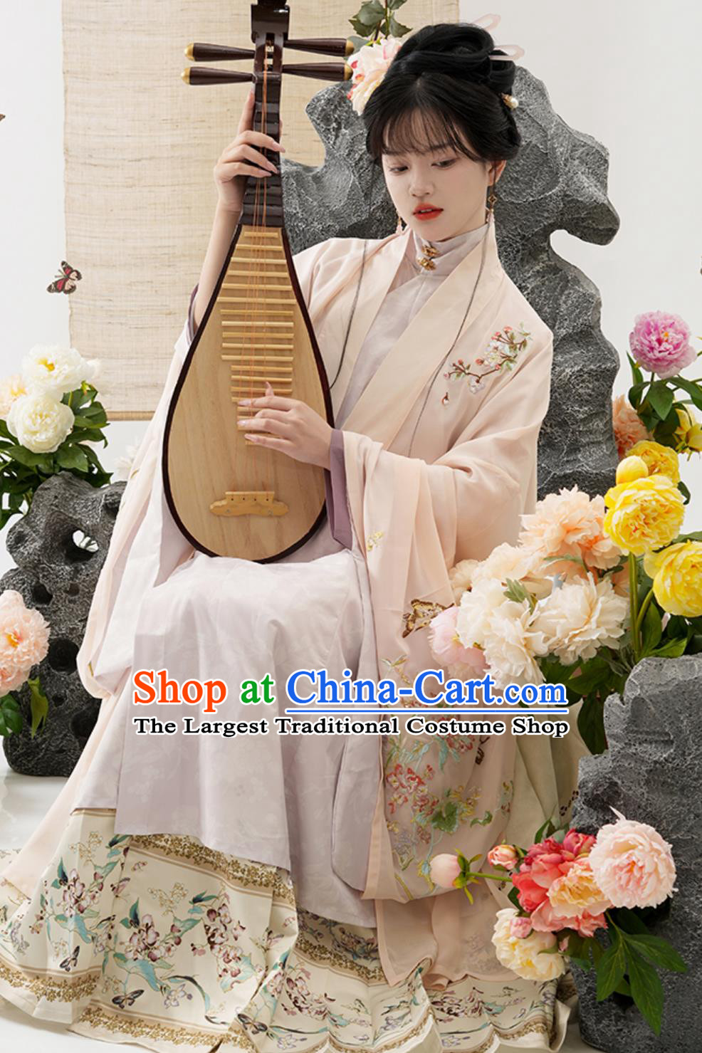 Ming Dynasty Hanfu Women Pink Long Gown and Ma Mian Qun Ancient Chinese Costumes Set