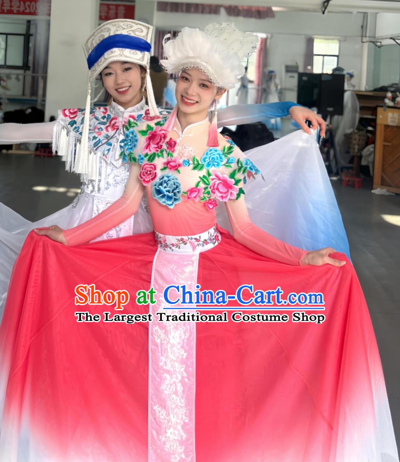 Chinese Yi Ethnic Cloud Dance Costume Group Performance Red Outfit Flowing Wide Dress Lotus Award Competition Gown