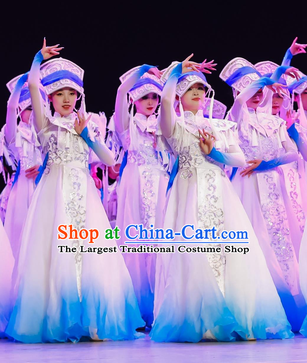 Chinese Lotus Award Competition Gown Yi Ethnic Cloud Dance Costume Group Performance Blue Outfit Flowing Wide Dress