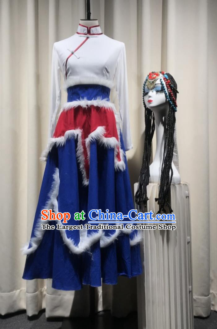 Zang Nationality Folk Dance Blue Dress Customized Tibetan Performance Costume Chinese Women Group Dance Clothing