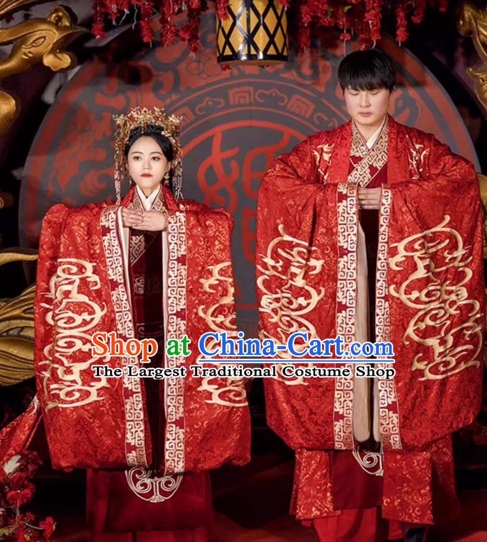 Zhou Dynasty Hanfu Wedding Dress Heavy Embroidery Long Train Attires Ancient Chinese Couple Red Outfits