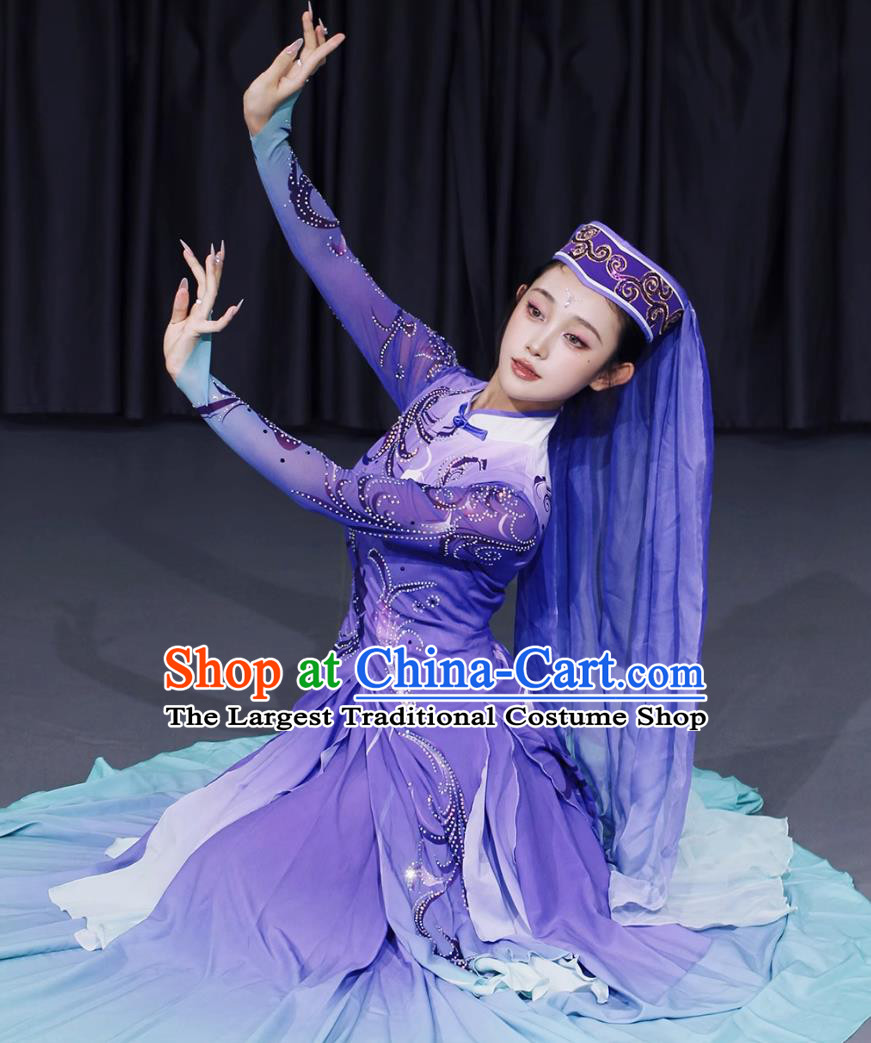 Chinese Ethnic Hui Uygur Dance Costume Xinjiang Minority Performance Purple Outfit Art Exam National Attire