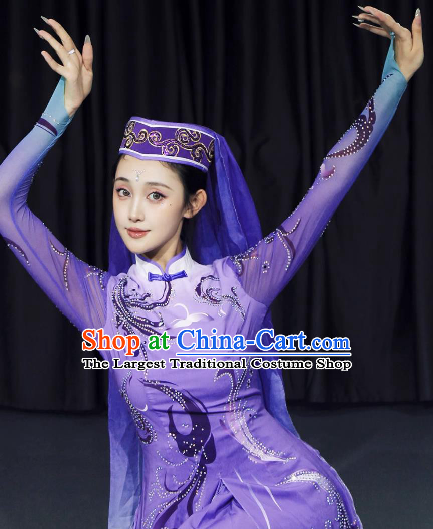 Chinese Ethnic Hui Uygur Dance Costume Xinjiang Minority Performance Purple Outfit Art Exam National Attire