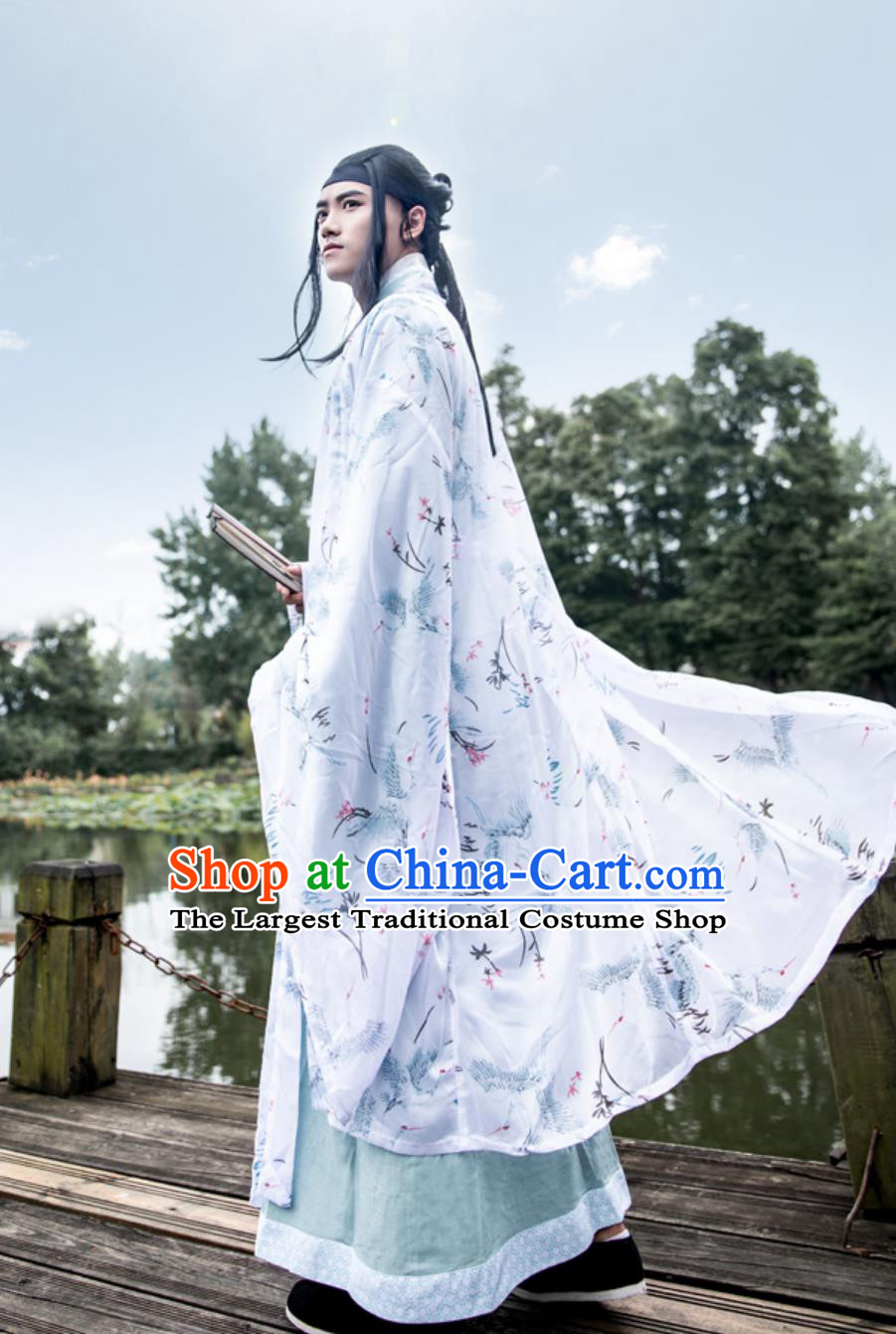 Mens Hanfu Ancient Chinese Gentleman Scholar Clothing Ming Dynasty Wide Sleeve Gown Bamboo Linen Zhiju Robe