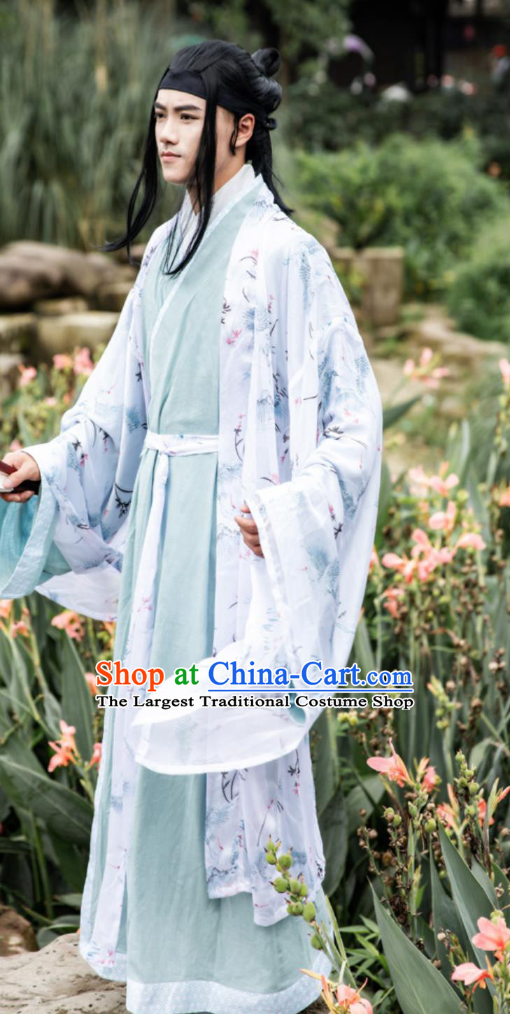Mens Hanfu Ancient Chinese Gentleman Scholar Clothing Ming Dynasty Wide Sleeve Gown Bamboo Linen Zhiju Robe